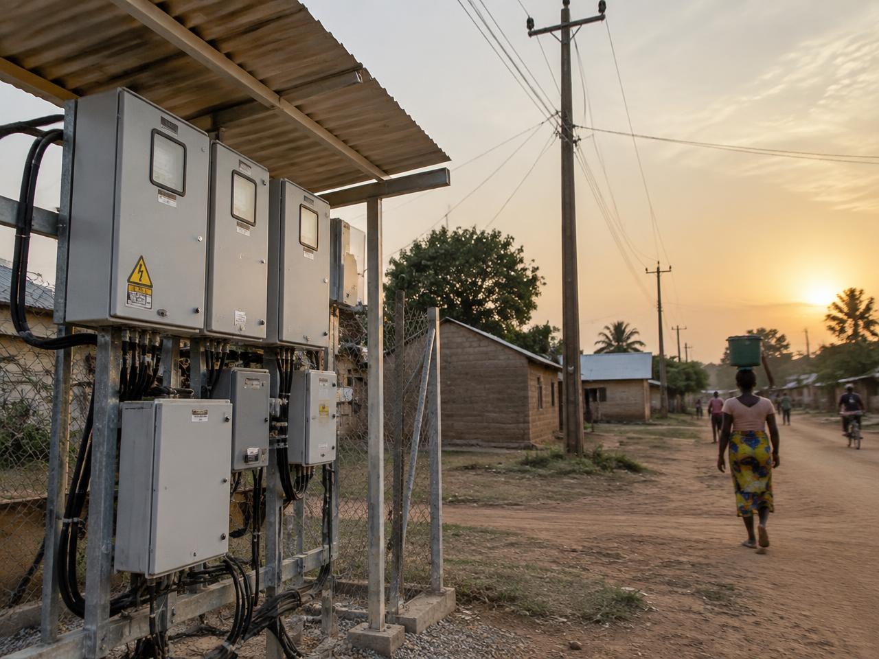 Mini-grid distribution cabinets and poles serving a rural street