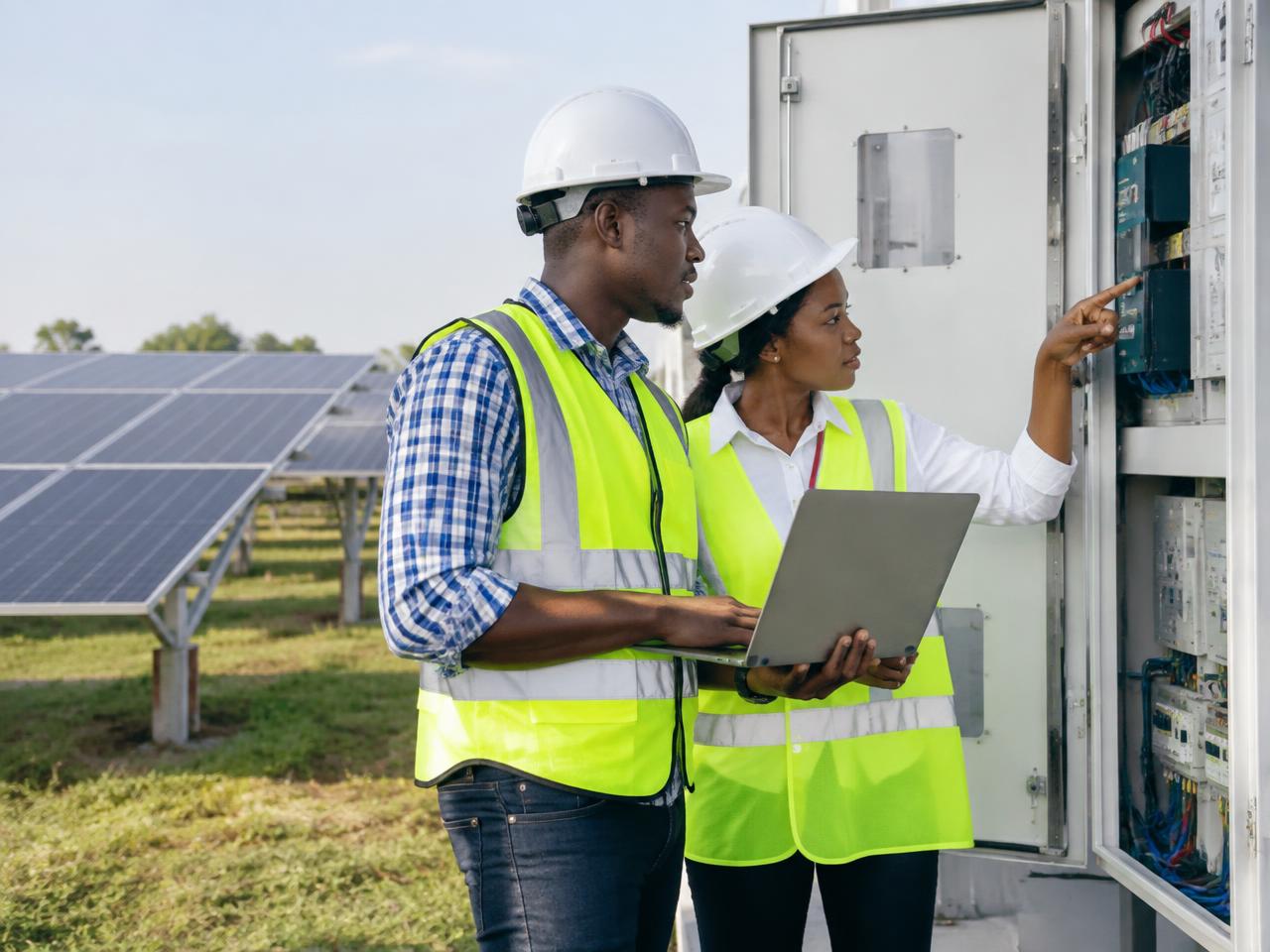 Engineers configuring power conversion equipment at an energy site