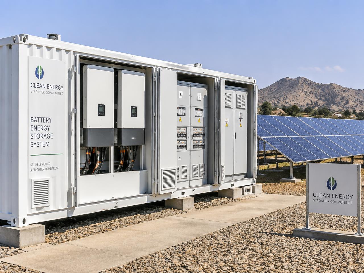 Containerised battery energy storage system beside a solar array